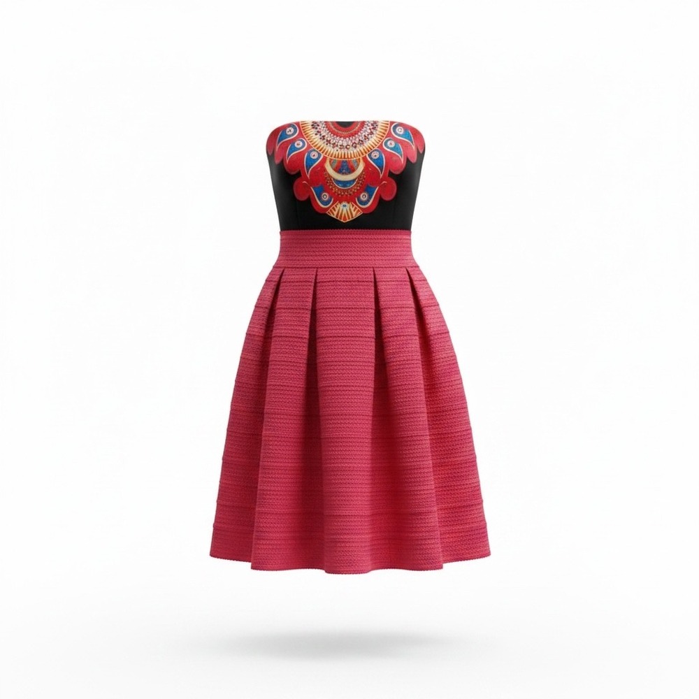 New York & Company Strapless Medallion Print Textured Pleated Dress Black Pink M
